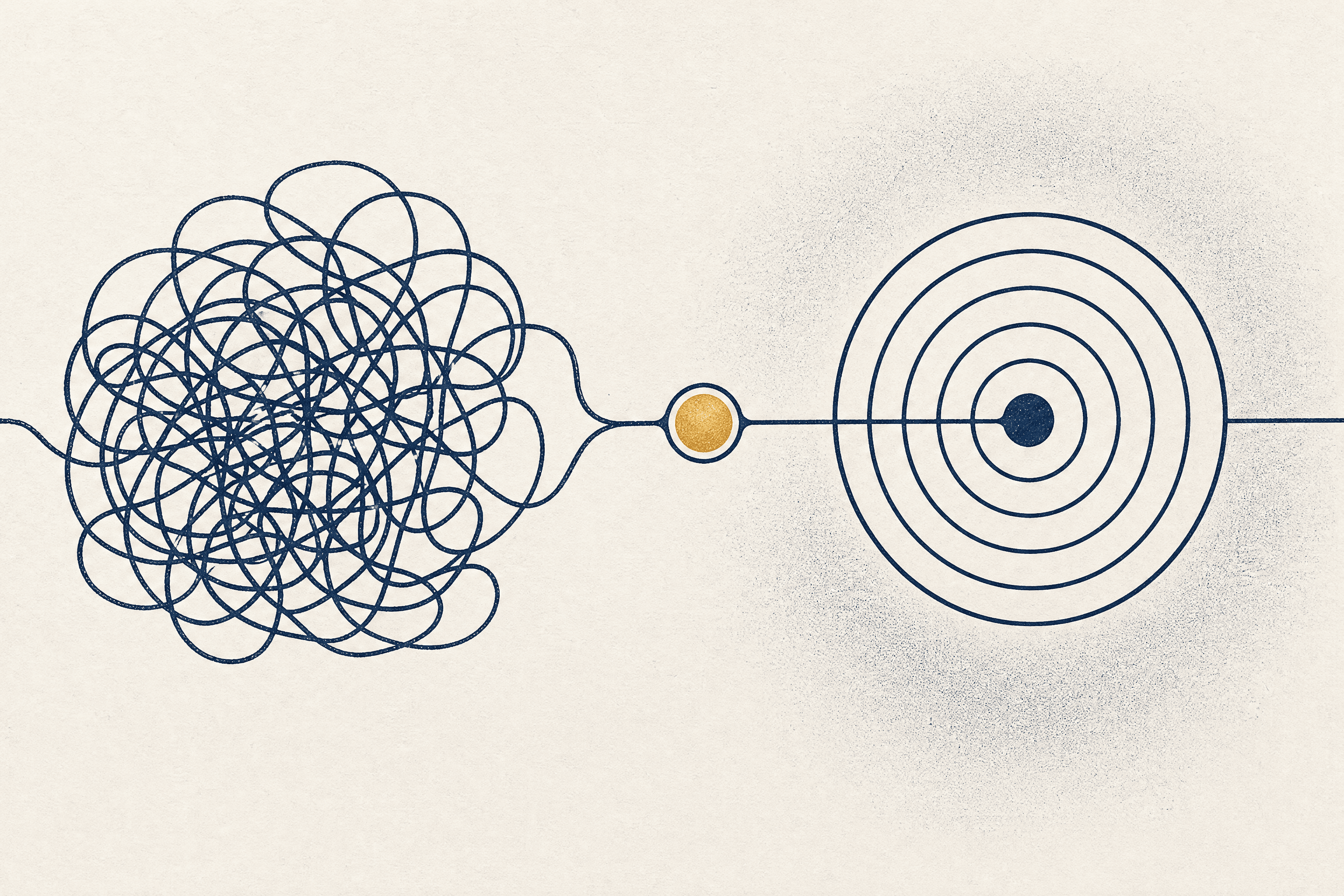A tangled thread resolving into a neat organized shape, representing an idea becoming clear
